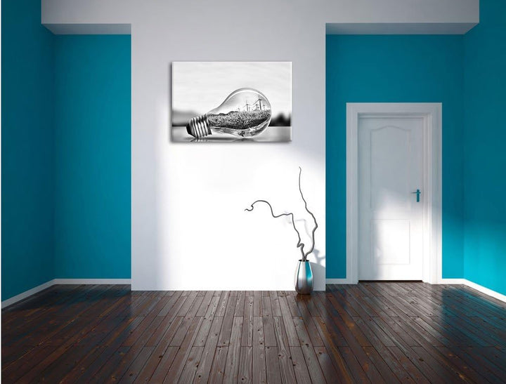 Pixxprint Glühbirne mit Ozean und Leuchtturm als Leinwandbild/Grösse: 100x70 / Wandbild/Kunstdruck/f