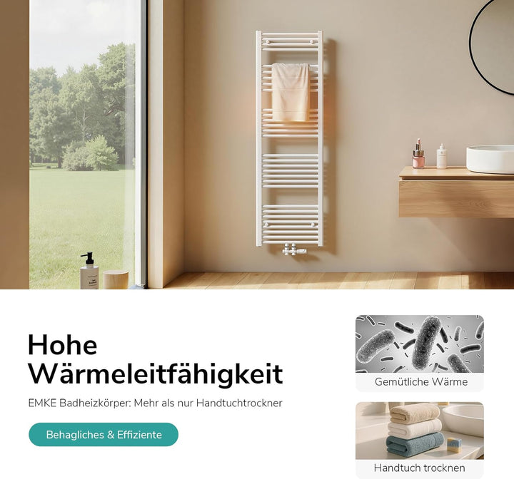 EMKE Badheizkörper Handtuchtrockner, Handtuchwärmer 400x1200mm 597 Watt Weiss Handtuchheizkörper für