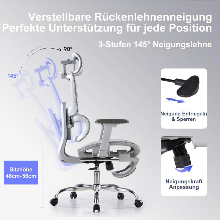 Ergonomischer Bürostuhl mit Fussstuhl &amp; 3D Armlehnen - Gaming Stuhl mit 5-Fach Höhenverstellung, 2D