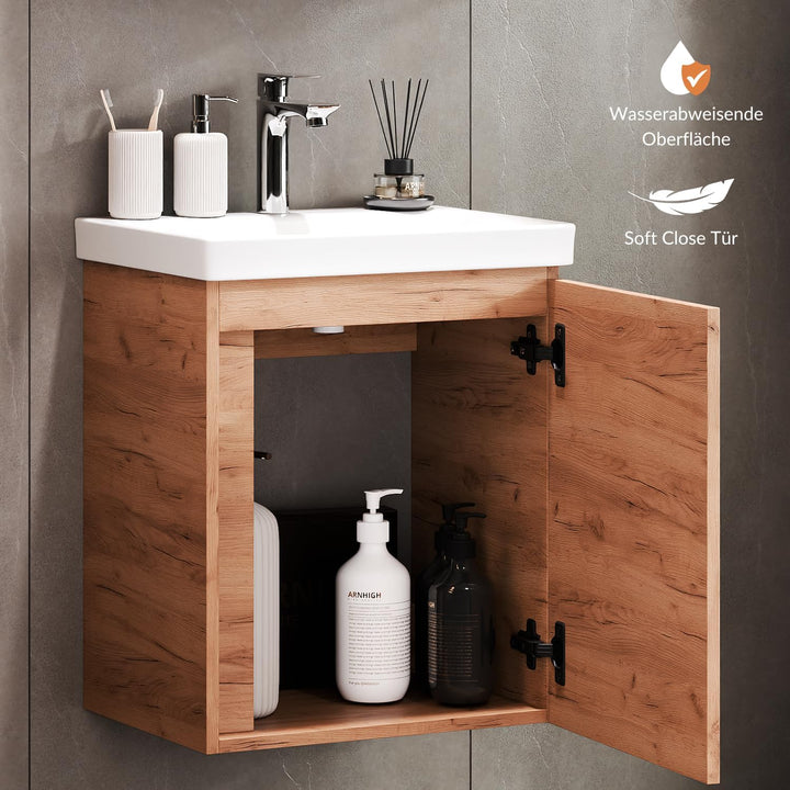 Planetmöbel Waschtisch + Spiegelschrank Badmöbel Set 50cm für Badezimmer WC (Gold Eiche), Gold Eiche