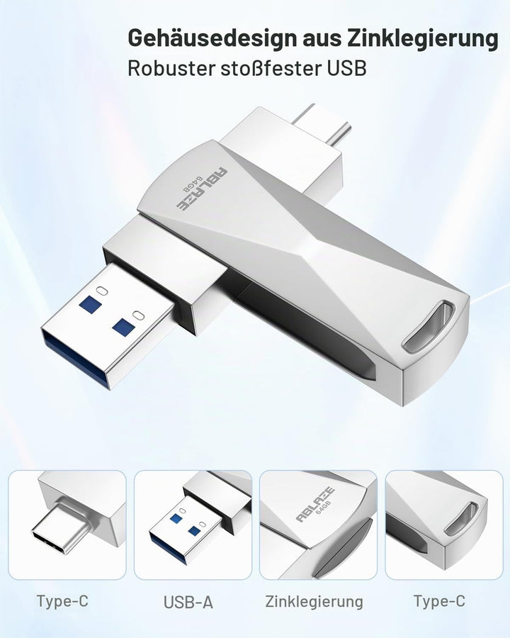 ABLAZE 64 GB USB C Stick, Dual USB 3.0 + Typ C, kompatibel mit iPhone 16/15, Android-Smartphones, Co