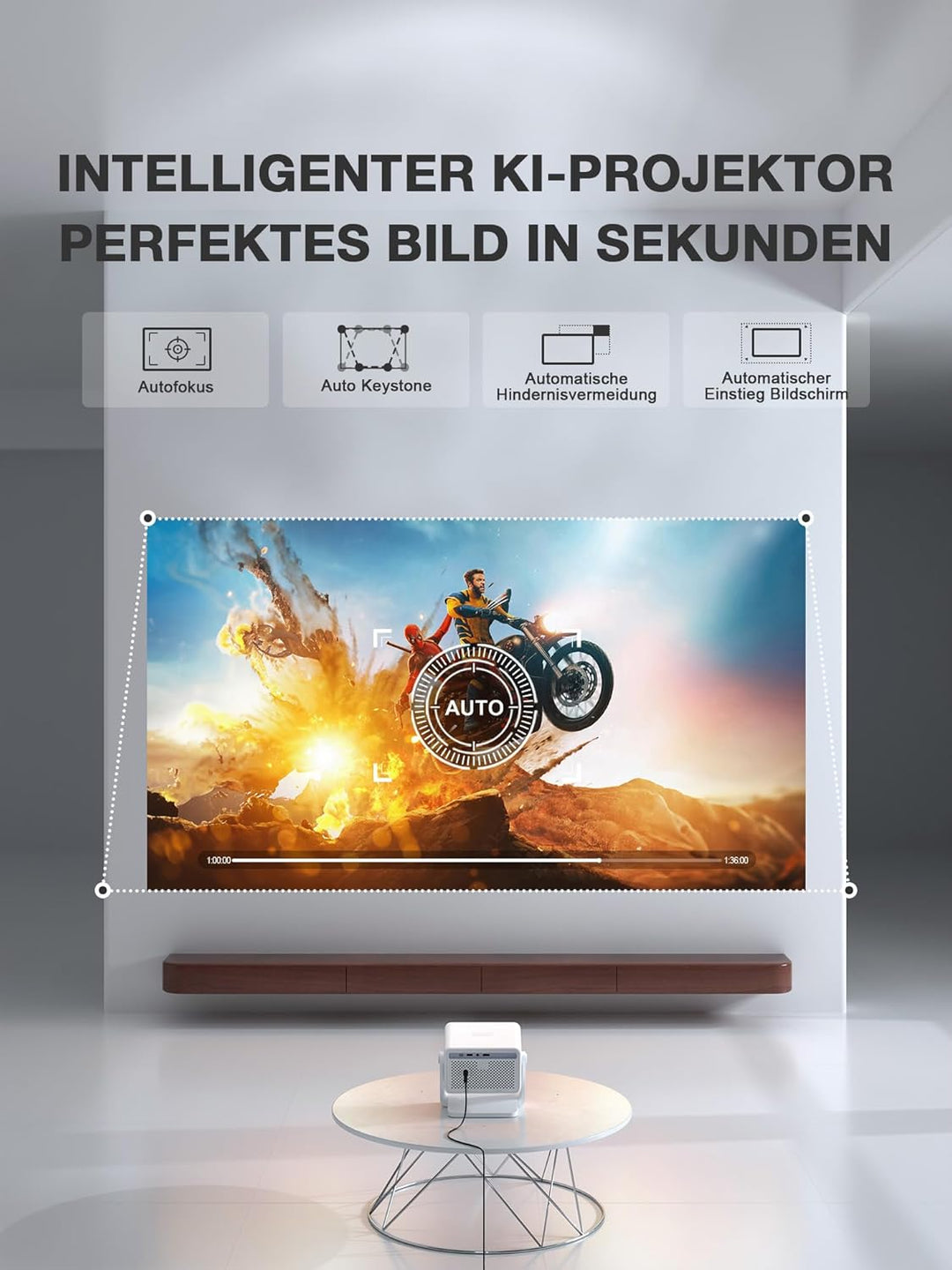 Smart Mini Beamer 4k [Offiziell Lizenzierter APP ] VISSPL 3000ANSI 4K Heimkino & Outdoor Beamer, Aut