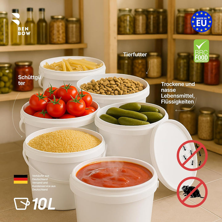 BenBow Eimer mit Deckel 10l Weiss 20x 10 Liter - lebensmittelecht, stabil, luftdicht, auslaufsicher,