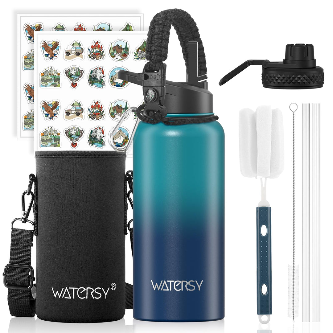 WATERSY Isolierte Edelstahl Trinkflasche 32oz Vakuumisolierte Thermosflasche mit 2 Deckel Auslaufsic
