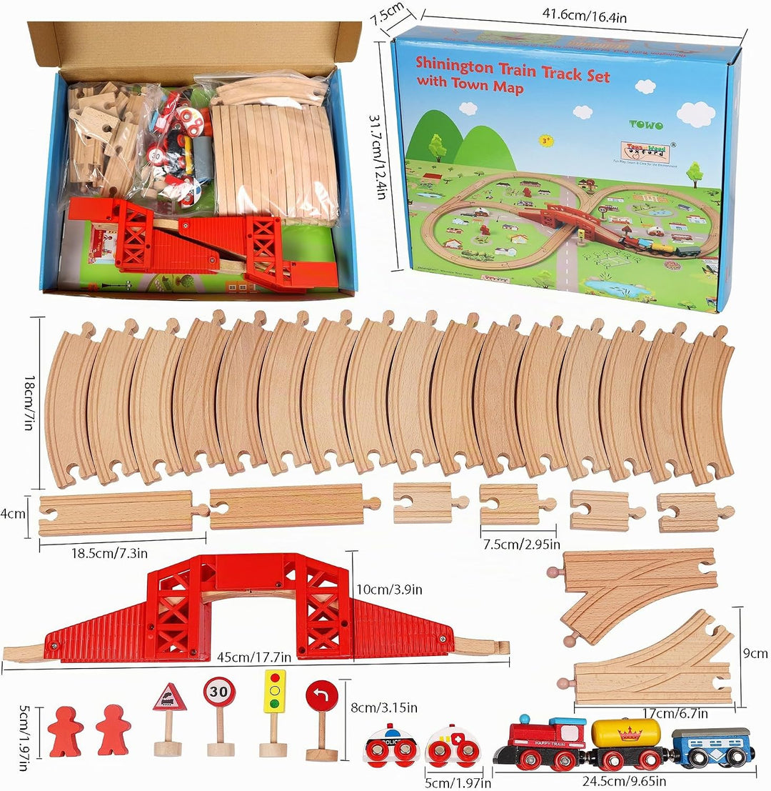 TOWO Holzeisenbahnset mit Stadtplan- Shinington-Eisenbahngleisbau Bauspielzeug für 3 Jahre alte Kind