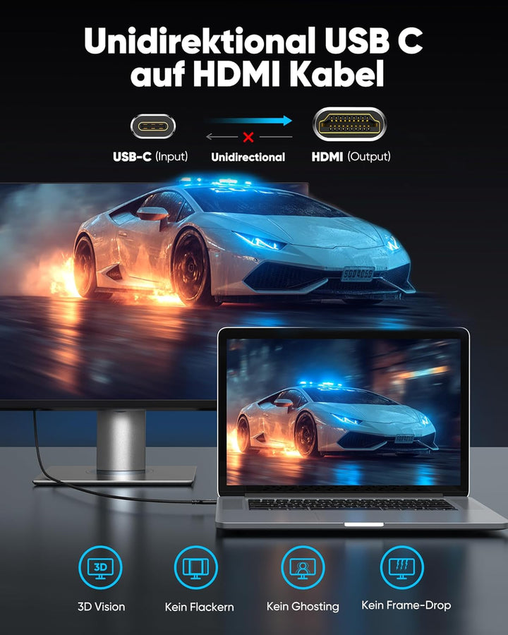 Highwings USB C auf HDMI Kabel 4K@60Hz 3Meter, USB C HDMI Kabel UHD Thunderbolt 3/4 Kompatibel für i