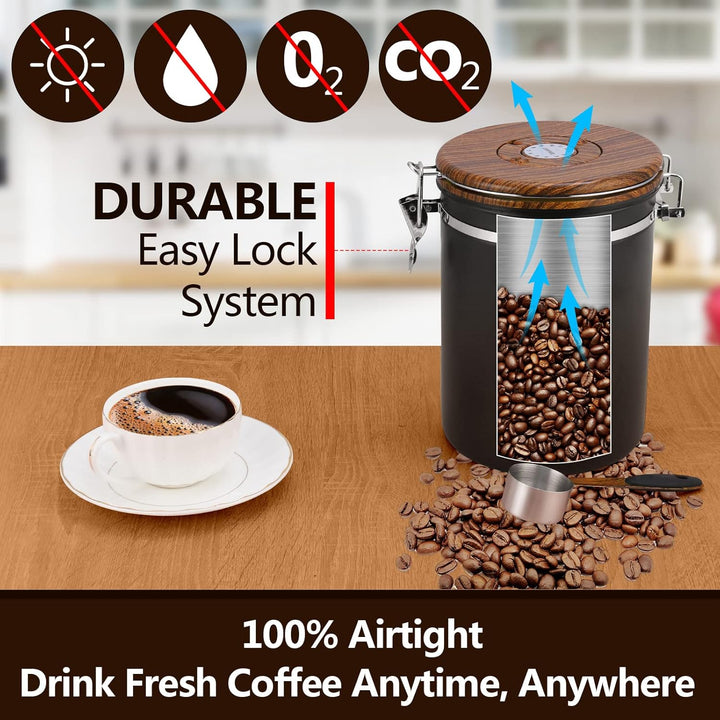 ZWOOS Kaffeedose Luftdicht 1kg Bohnen - Kaffeebohnen Behälter aus Edelstahl mit Messlöffel Deckel au