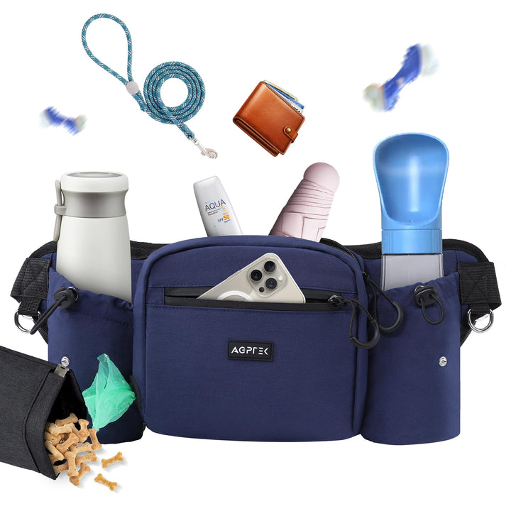AGPTEK Bauchtasche mit Leckerli-Tasche für Hunde, Blau | Hundekotbeutel-Spender, Futterbeutel, Für H