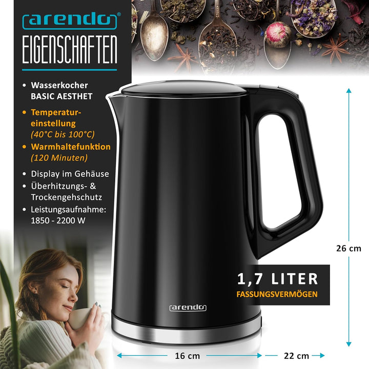 Arendo - digitaler Wasserkocher mit Temperatureinstellung - Edelstahl - Doppelwand Design Cool Touch