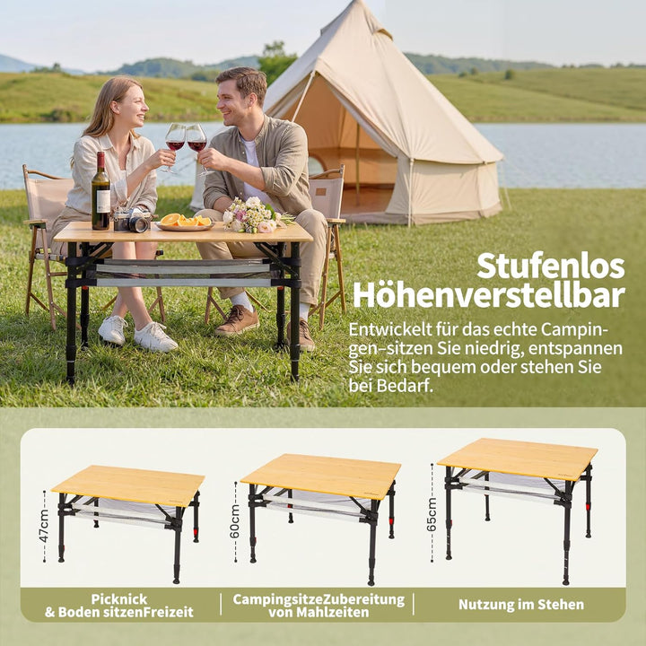 Campingtisch klappbar Bambus, stufenlos höhenverstellbar 47–65 cm, faltbarer Campingtisch mit Alumin
