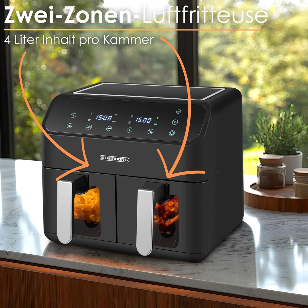 Heissluftfritteuse | 2 Kammern | Heissluftfritteuse | 4 in 1 Mini Backofen | Fritteuse | Dörrautomat