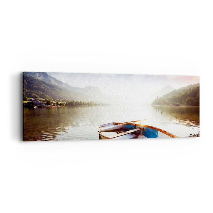 Panorama Bilder auf Leinwand Berge See Boot Leinwandbild mit Rahmen 90x30cm Wandbilder Dekoration Wo