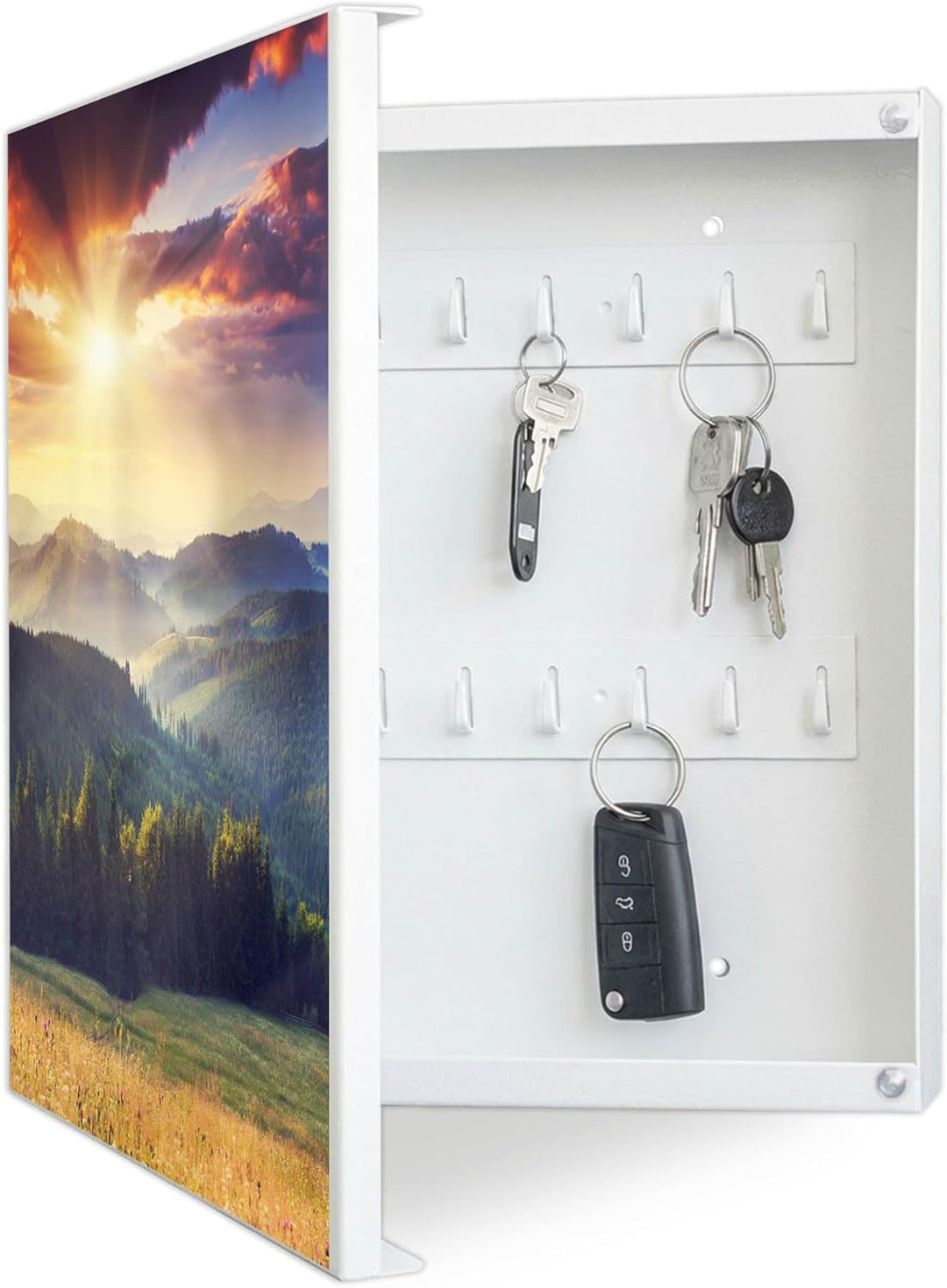 banjado® Grosser Schlüsselkasten Glas/Schlüsselbox 30cm x 30cm mit 50 Haken - Motiv Karpaten Sunset/