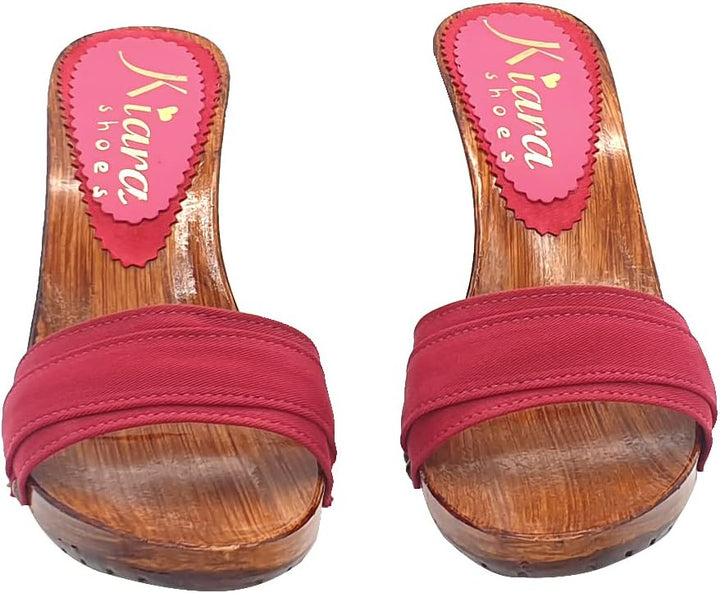 Holzeffeckt Clogs mit doppeltem rotem Band hoher Absatz 9 cm - K6101 AMARANTA (40 EU, ROT) 40 EU Rot
