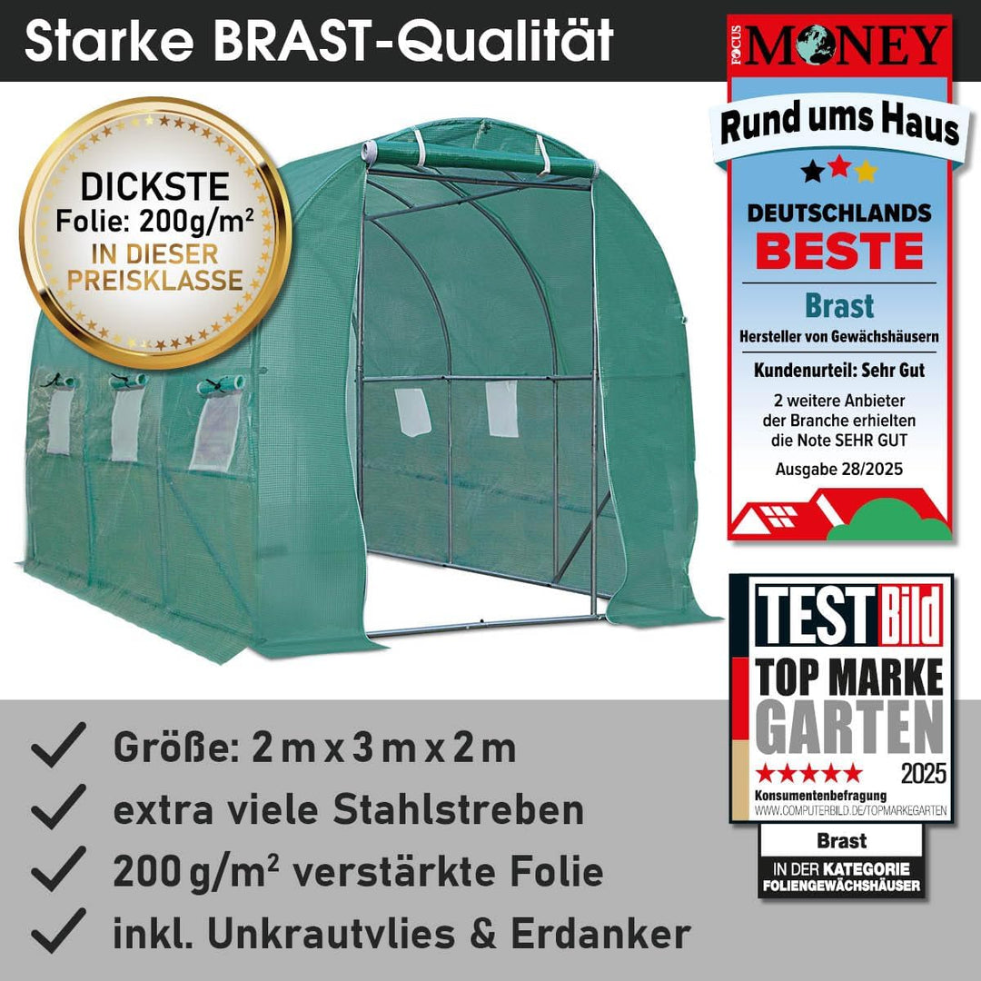 BRAST® Gewächshaus Foliengewächshaus mit Stahlfundament 4 Grössen 2x3m 3x4m 3x6m 3x8m Erdanker Gitte