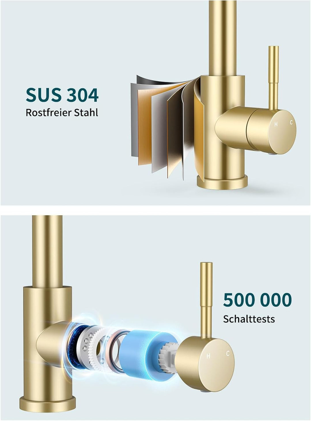 Wasserhahn Küche, Ausziehbare Küchenarmatur mit Sprühbrause aus Edelstahl und 2 Sprühfunktionen, 360