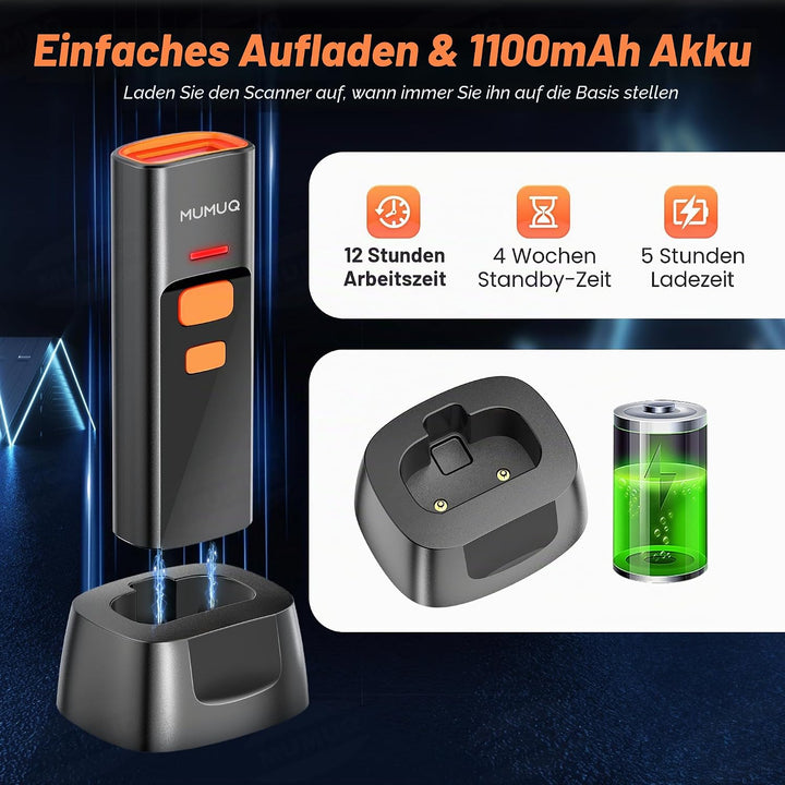 Barcode Scanner Kabelloser Mini 1D/2D QR Code Scanner mit Ladestation | 3-in-1 (BT/2.4G/USB) Konnekt