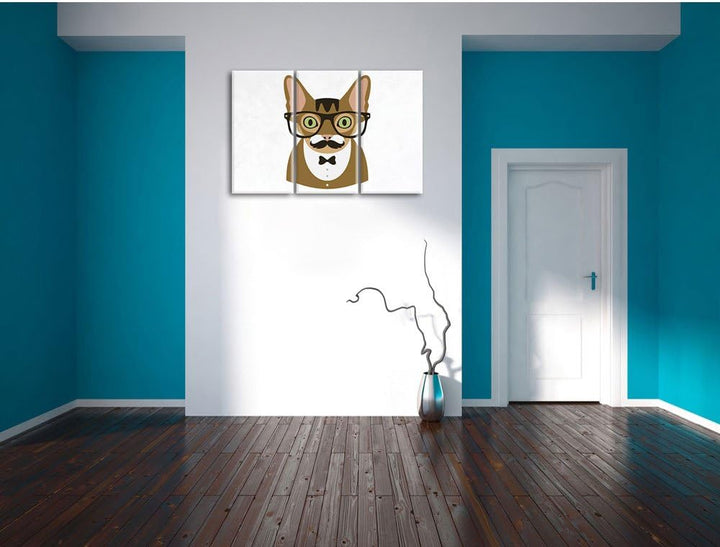 Pixxprint Hipster Katze mit Brille, Schnurbart und Fliege (Main Coon) weiss 3-Teiler Leinwandbild 12