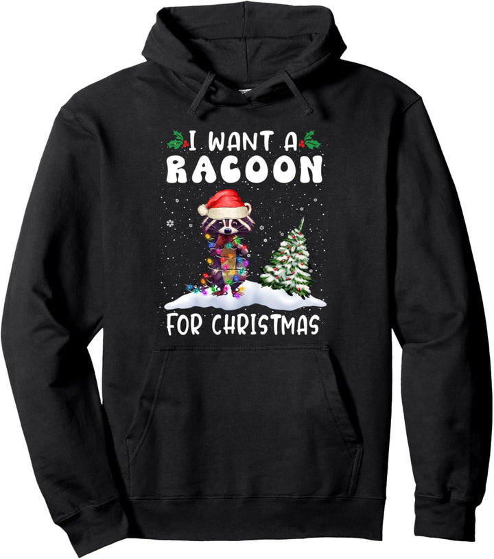 I Want A Racoon For Christmas Santa Hat Funny Xmas Pullover Hoodie