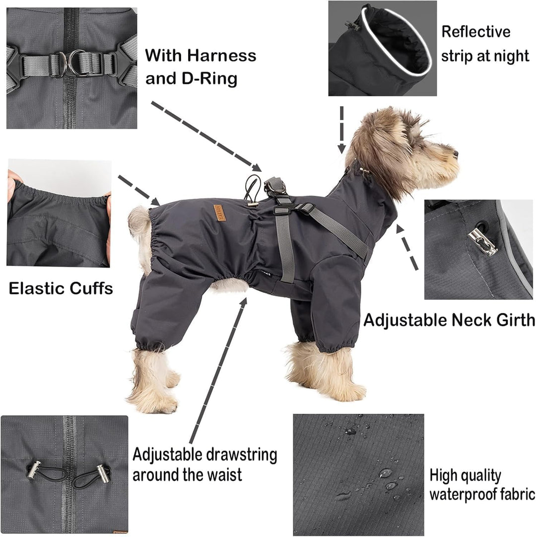 Hundegeschirr-Regenmantel, Verstellbare 4-Bein-Hundejacke mit Geschirr Reflektierender Overall Wasse