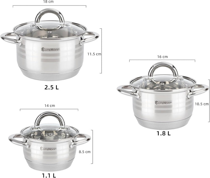 EliteHoff Topfset Induktion 6-teilig, Kochtopf Set mit Glasdeckel, 7-lagiger Edelstahl Topf Set Indu