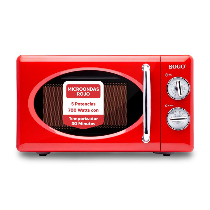 SOGO HOR-SS-890-R Mikrowelle im Retro-Stil, Vintage-Stil, 20 Liter, 5 Leistungsstufen, 700 Watt, Rot