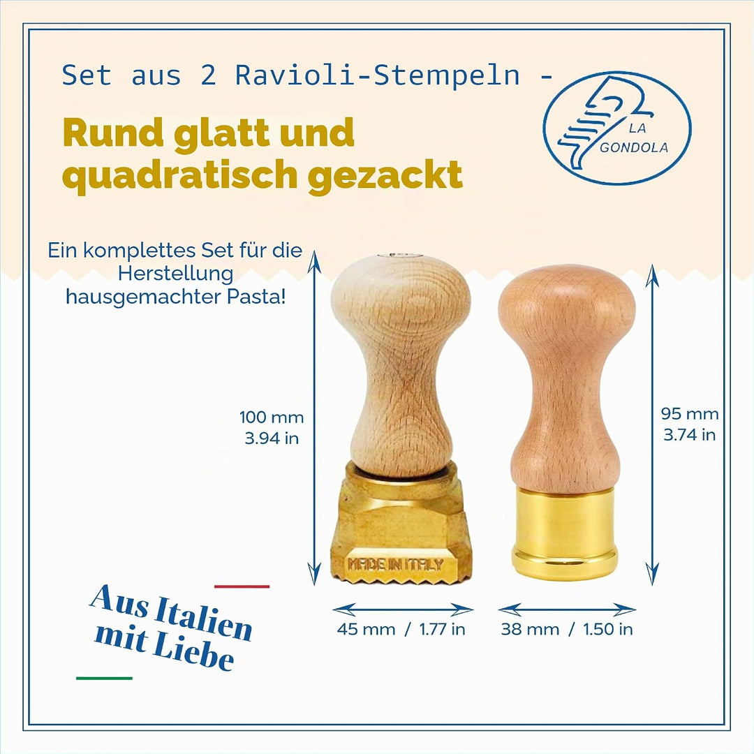 La Gondola Set mit 2 Hausgemachten Ravioli-Stempeln - Rund Glatt 38mm &amp; Quadratisch Gewellt 45x45mm