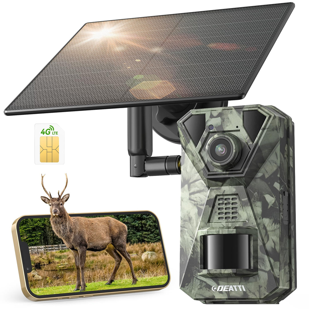 DEATTI 4G LTE Wildkamera mit Handyübertragung APP, 2.7K Solar Wildkamera mit SIM Karte, PIR Bewegung