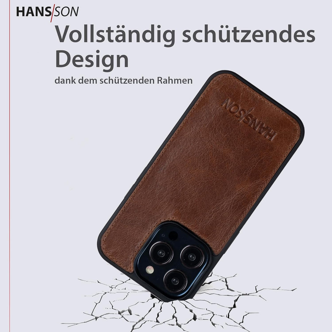 HANS/SON Echtleder Handyhülle in Cognac | iPhone 14 Pro Ledercase | Schutz vor Stürzen und Stössen |