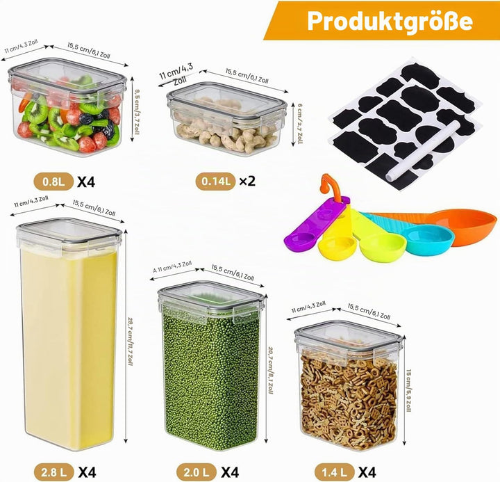 stusgo 18 Stück luftdichte Frischhaltedosen mit Deckel, BPA-frei, transparent, Vorratsbehälter für K