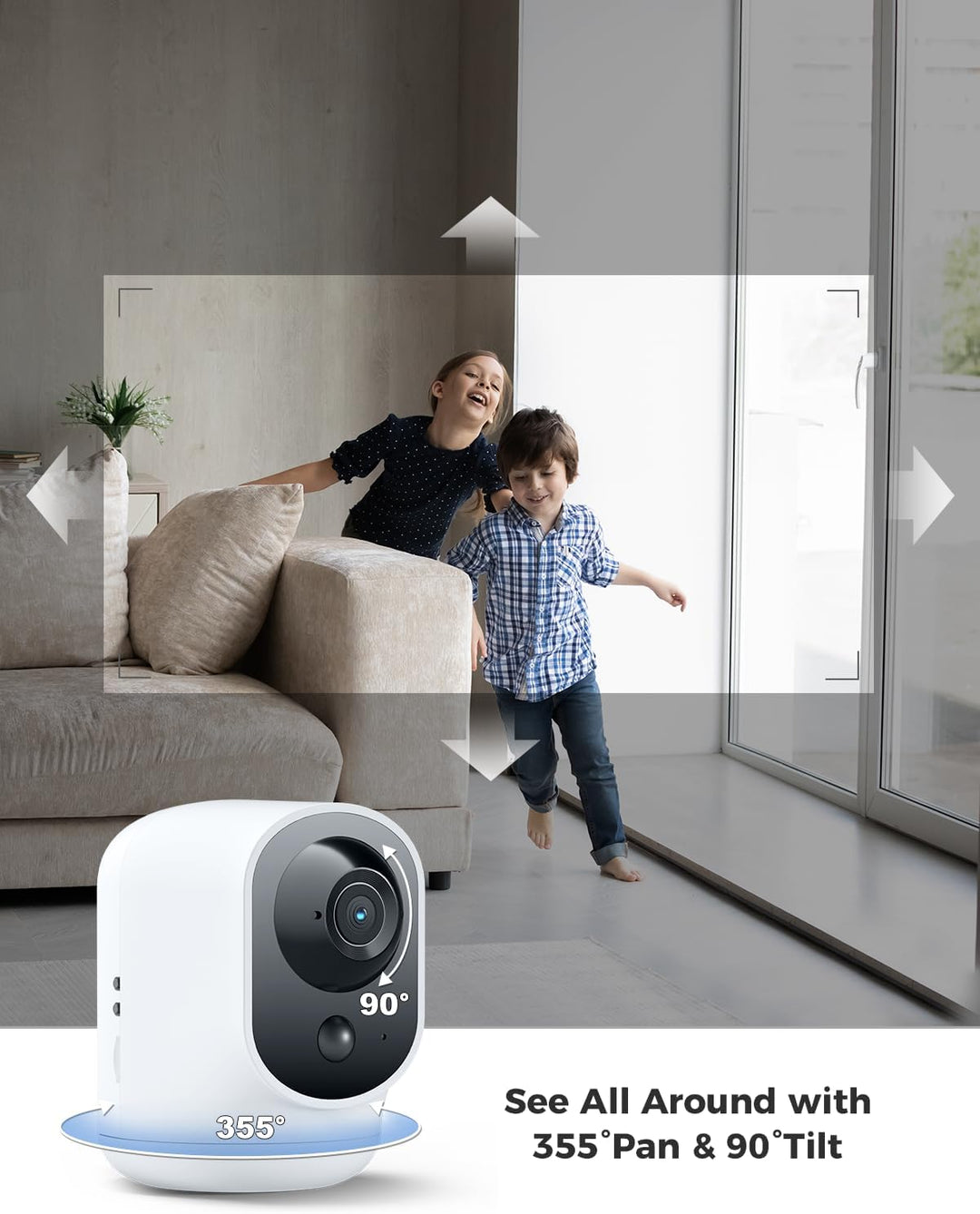 COCOCAM 2K Überwachungskamera Innen WLAN mit 5200mAh Akku, kabelloser 355°P 90°T, Baby Monitor Haust