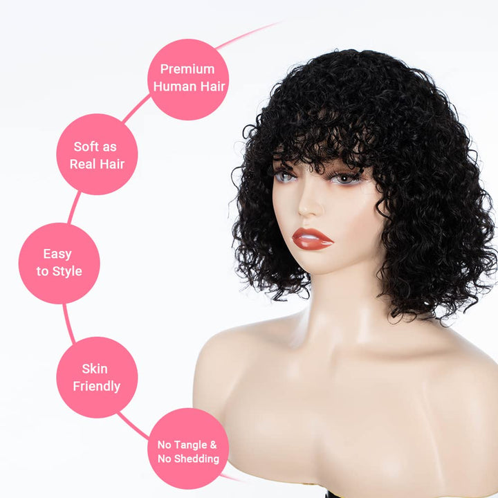 FASHION IDOL Bob Curly Echthaar-Perücken mit Pony Jerry Curl Bob Perücken Echthaar brasilianische Vi