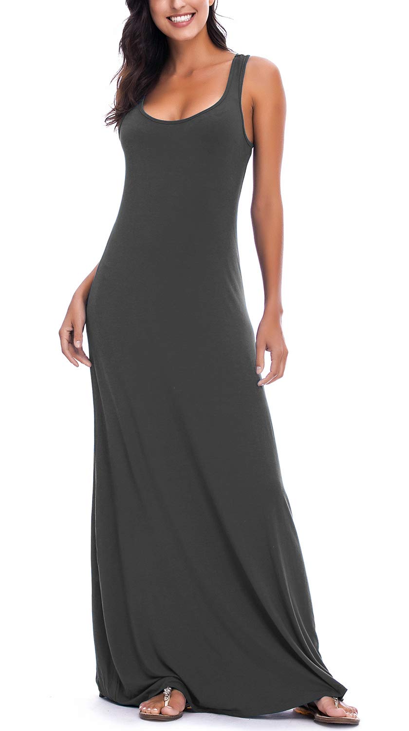 EXCHIC Damen Sommer Leichte Ärmellos Strand Maxi Kleid Elegant Elastisch Tunika Lang Kleider L Dunke