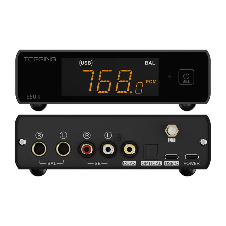 Topping E50 II Mini-HiFi-DAC AK4497S DSD512 PCM768kHz USB-DAC USB-C/Koax/Opt/BT-Eingänge RCA/TRS-Aus