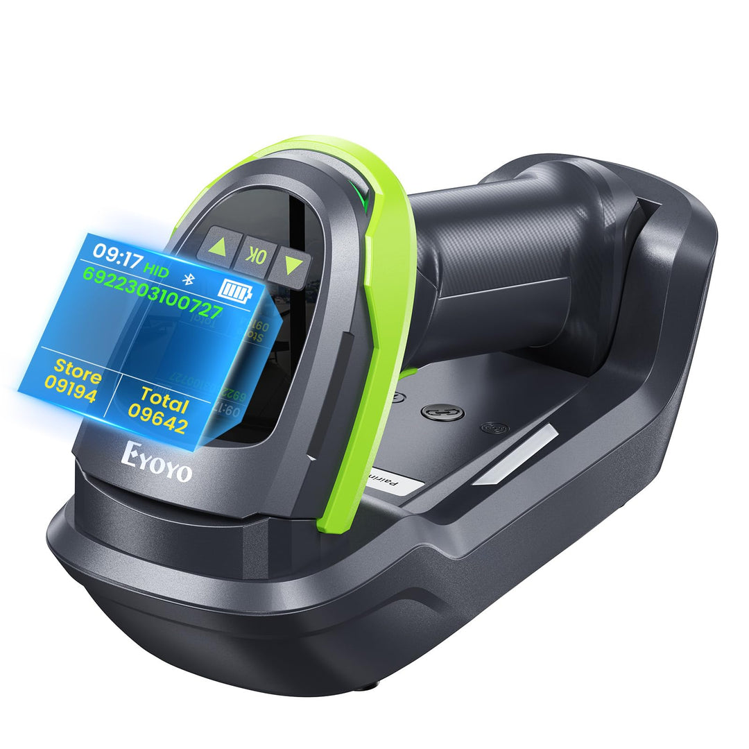 Eyoyo Barcode-Scanner kabellos mit Bildschirm: Pro 1D 2D QR Bluetooth-Scanner, Wandhalterung mit Lad