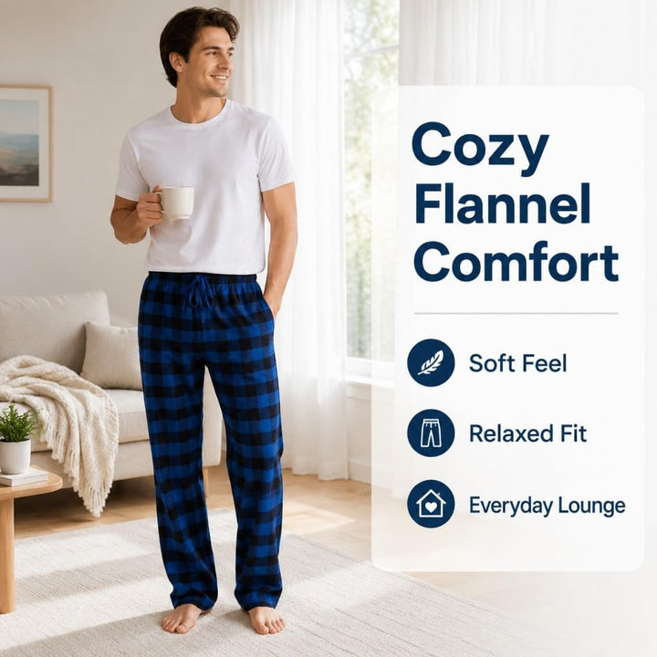 JTPW Herren 100% Baumwolle Flanell Bequeme Pyjama/Lounge Bottoms mit Taschen S Black Aqua Plaid, S B