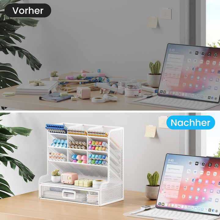 VITVITI Schreibtisch Organizer, 9 Fächer Stiftehalter mit Schublade, Netz Stifte Regal aus Metall, S