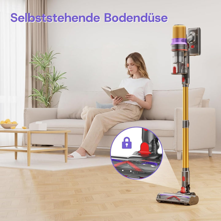 V16 Akku Staubsauger 600W/55Kpa/80Mins, Staubsauger Kabellos mit LED Touchscreen, Automatikmodus, An