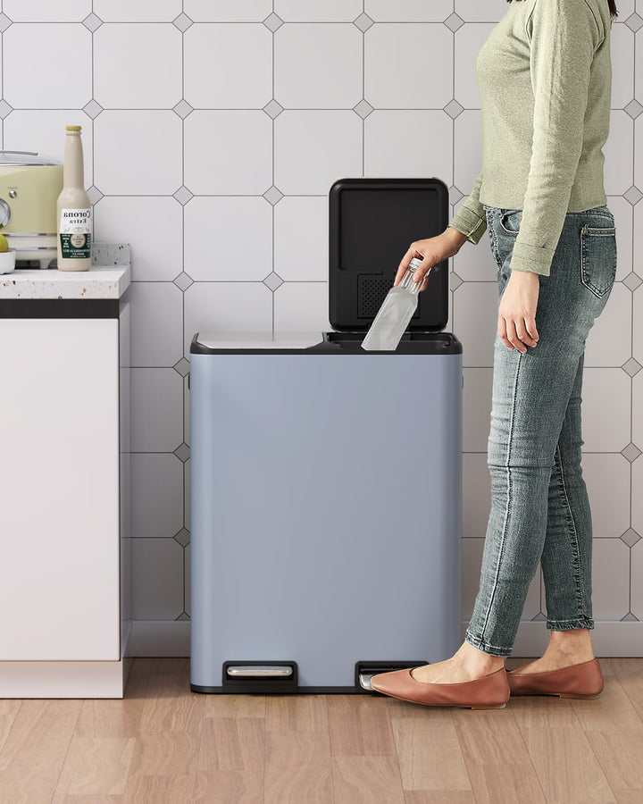 LIFERUN Mülleimer 2 Fächer, 2 x 30 Liter Treteimer mit Geruchsfilter, Deckel Geräuschlos, Inneneimer