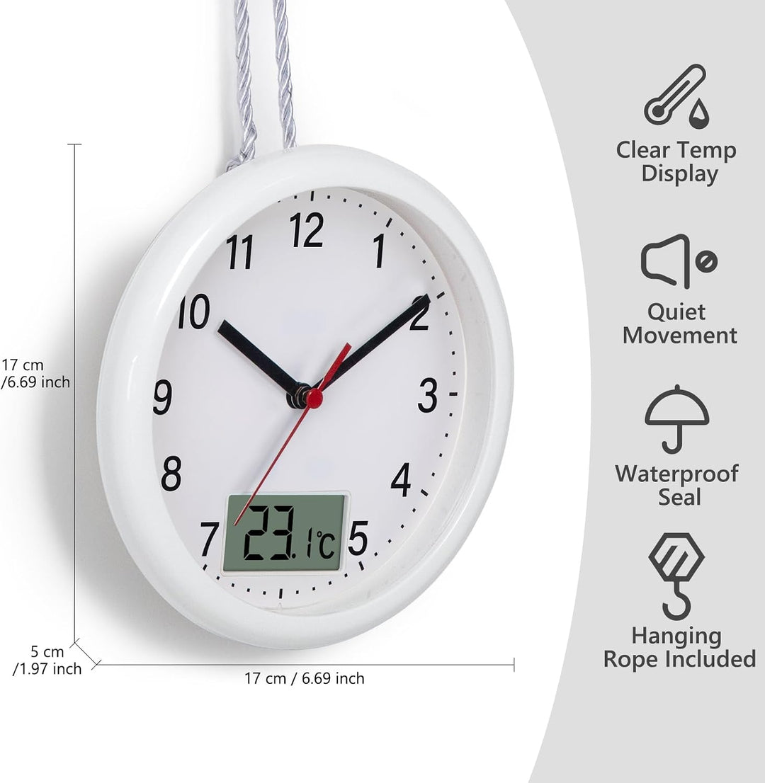 VIVILINEN Badezimmeruhr mit Temperaturanzeige Wanduhr ohne Tickgeräusche Küchenuhr mit Hängeband &amp; S