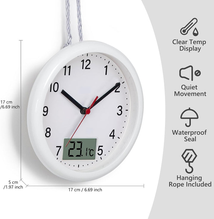 VIVILINEN Badezimmeruhr mit Temperaturanzeige Wanduhr ohne Tickgeräusche Küchenuhr mit Hängeband &amp; S