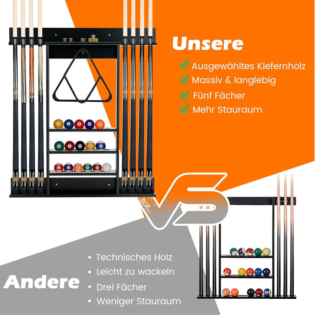 COSTWAY Billard Queue Halter Wandmontage, Wandqueuehalter für 8 Queues, 15 Billardkugeln und 1 Balls