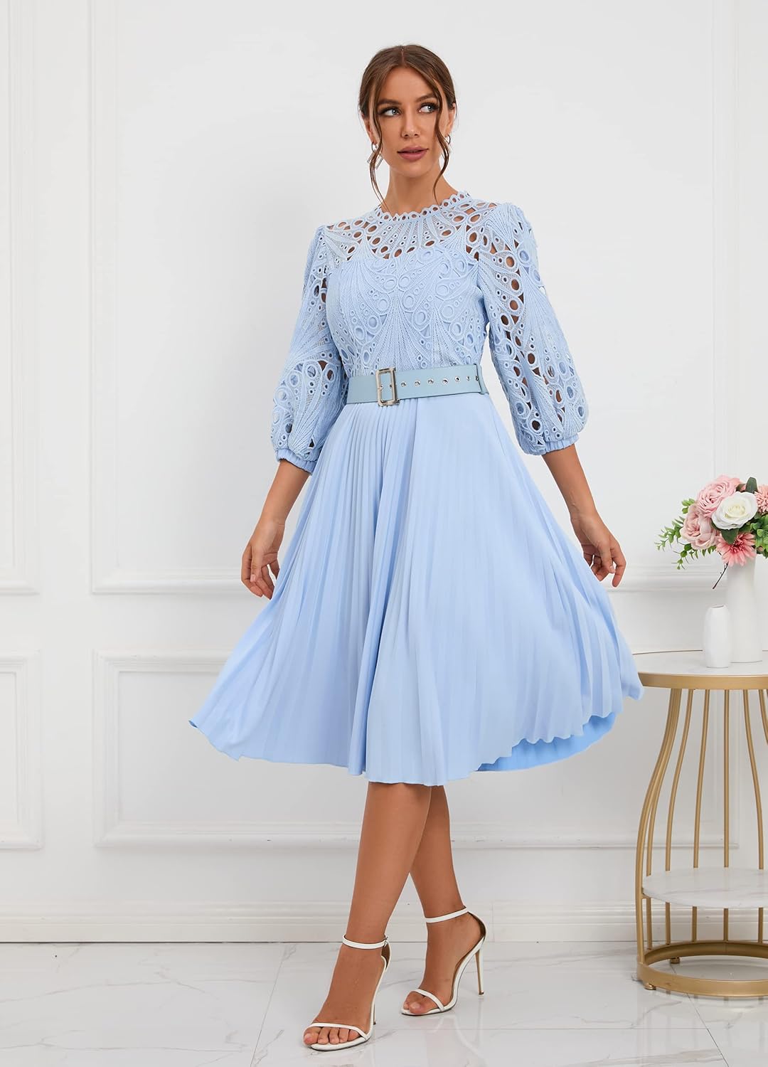 IWFEV Spitzenkleid, plissiert, Puffärmel, wadenlang, kurze Ärmel, Midi-Kleid, hohles Party-Abendklei