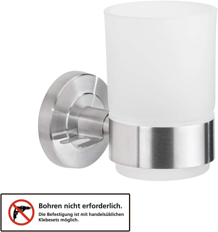 AMARE Zahnputzbecher mit Wandhalterung | silber | Halter Kleben oder Bohren | Glas und Edelstahl | B