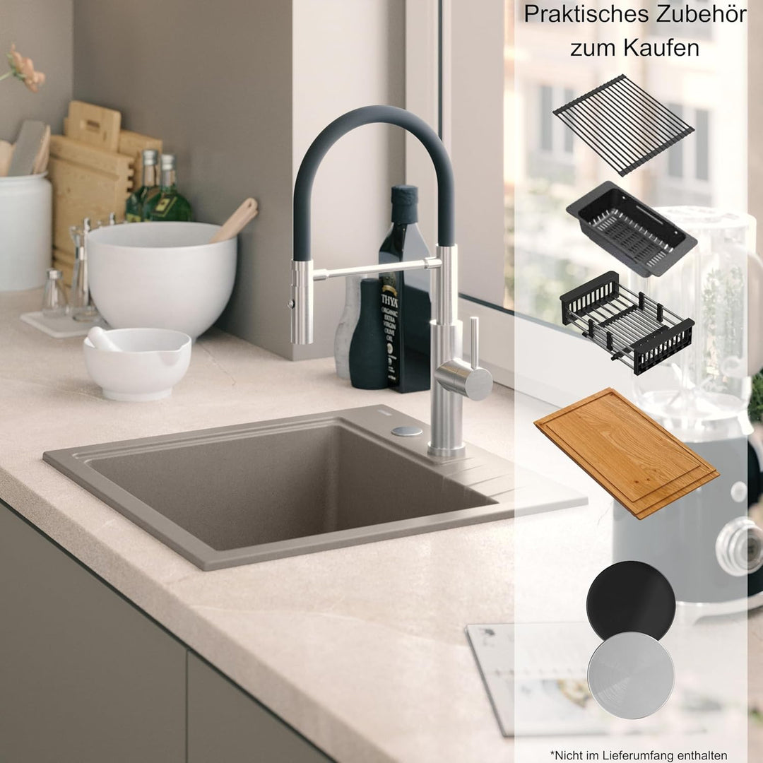 QUADRON Spülbecken Küchenspüle Granit | Grösse 50 x 52 x 20 cm, Weiss &amp; Stahl | PETER 110 Granitspül