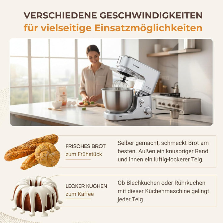 Syntrox 5,0 l Küchenmaschine Wezen | Knetmaschine | Rührmaschine | Spiralkneter, Multifunktional, 5