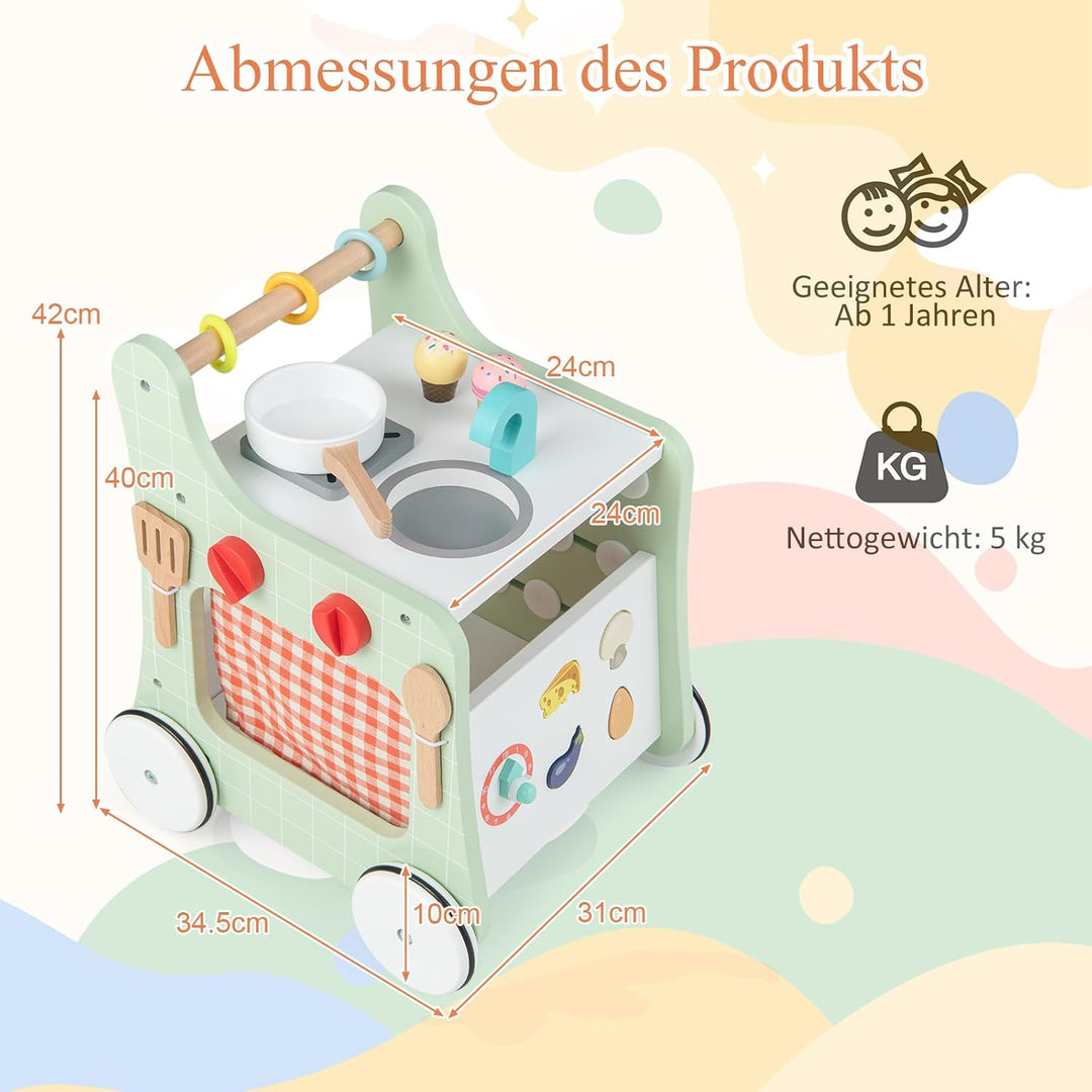 DREAMADE Lauflernwagen Holz, 6-in-1 hölzerne Lauflernhilfe, Baby Walker mit Blöcken &amp; 9 Teilen Zubeh