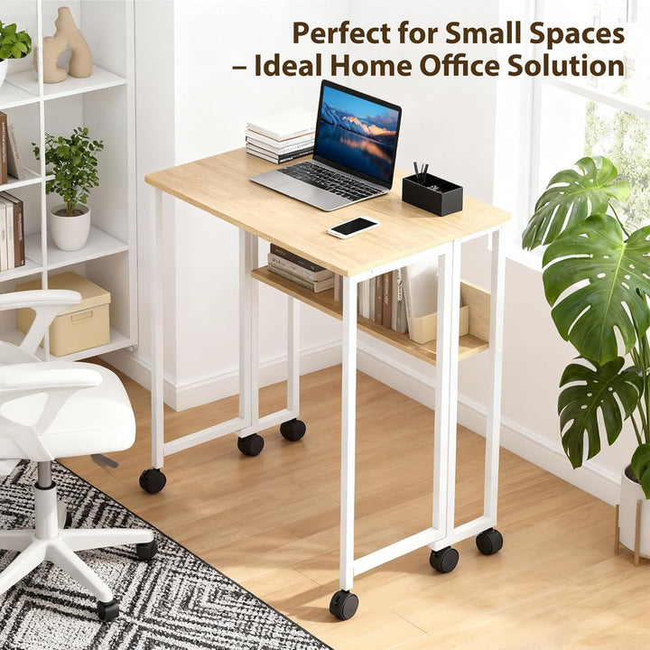 Klappbarer Schreibtisch Mit Rollen Und Stauraum, 63x50x75 cm Platzsparender Computertisch Für Home O