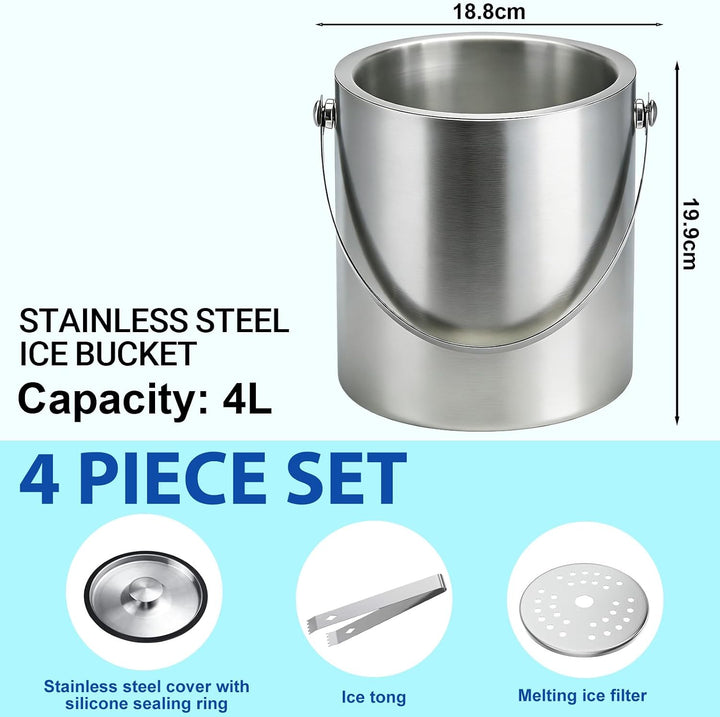Eiswürfelbehälter mit Deckel, Sieb und Zange, Edelstahl Eiskübel Doppelwandiger Isolierter Eisbehält