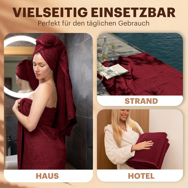 NatureMark 4er Pack Duschtücher, Grösse 70x140cm, Bordeaux, 100% Baumwolle, Bordeaux